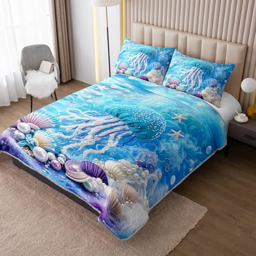 AILONEN Cartoon Blue Jellyfish Quilt Bedding Sets Full Size, Girls Ocean Shell Pearl Theme Quilt Set Printed - 3 Pieces,Underwater World Bedspread Coverlet Set Soft Microfiber Quilt & 2 Pillowcases - color: Jellyfish44, size: Full