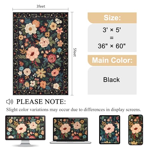 DUKINO 3x5 Area Rug, Floral Washable Rug for Bedroom Non Slip, Black | Soft, Stain Resistant Low Pile Indoor Rug for Entryway, Bedroom, Bathroom, Living Room, Pet Friendly, Home Decor, Lightweight - color: Black, size: 3' x 5' (Rectangular)