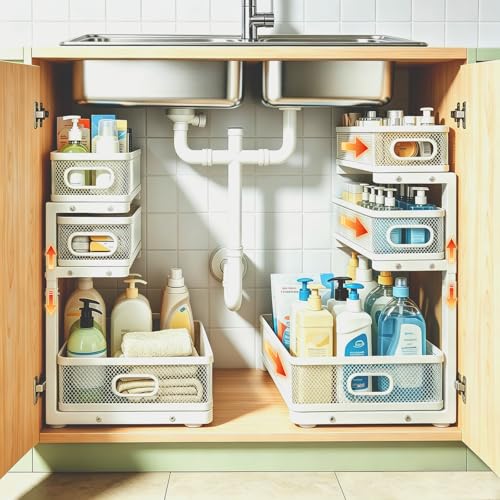 2 Pack 3 Tier Under Sink Organizer with Pull Out Drawer, Height Adjustable Heavy Duty Metal Under Cabinet Organizer, Smooth Sliding Storage Shelf for Kitchen, Bathroom Cabinet Organization, White - color: White, size: 2 Pack