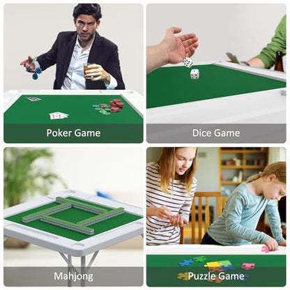 35.4" Square Folding Card Table, Mahjong Table with Green Felt，Chip Trays and Cup Holders, Portable Domino Tables for 4 Players, Card Game Tables for Mahjong Poker Domino Game - color: White