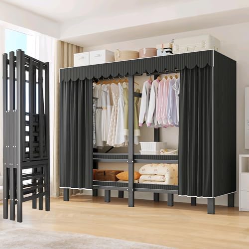 49.2in Portable Wardrobe Closet with Cover for Hanging Clothes | 20.5 Inch Wide Heavy Duty Clothes Rack Covered Freestanding Foldable Closets Bedroom Armoire Storage Garment Racks - color: Black, size: 49.2in/125cm