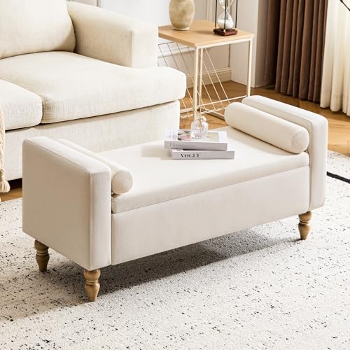 Large Storage Ottoman Bench, 45.7" Linen Upholstered Entryway Bench with Solid Wood Legs, End of Bed Bench, Shoe Bench, Ottoman Storage Chest for Bedroom/Living Room/Entryway,Beige - color: Beige