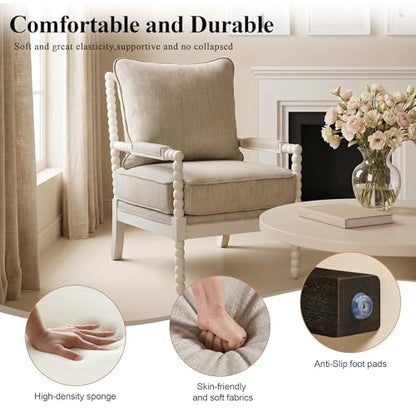 DUHOME Linen Fabric Spindle Accent Chair with Wood Frame,Spool Chairs with High Resilience Spring Cushion and Armrest Pads, Leisure Armchair for Living Room Bedroom Farmhouse Home Office Belcony - color: White+cream, size: 1 pc