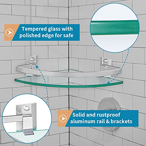 2 Pcs Tempered Glass Corner Shelf with Rail & Brackets, 9.5" x 9.5" Floating Shower Caddy, Wall Mounted Shampoo Holder Organizer for Bathroom, Kitchen, Living Room