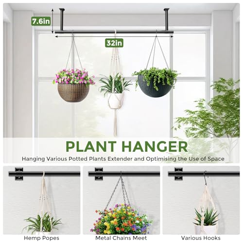 Plant Hanging Rod, 32 Inch Window Plant Hanger for Indoor Plants | Heavy Duty 1 Inch Metal Plant Rod for Window with Square Flange Base, Plant Shelves Wall Planters, Pot Not Included, Black - size: 32 Inch