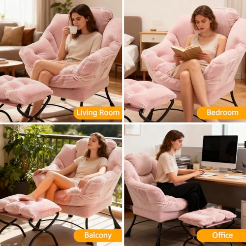 Lazy Chair with Ottoman, Modern Skinny Lounge Chair with Footrest | Foldable Footrest, Padded & Backrest with Side Pocket, Comfy Accent Reading Chair for Living Room & Small Spaces, Pink - color: Pink