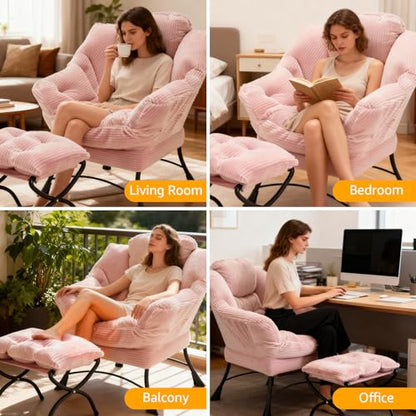 Lazy Chair with Ottoman, Modern Skinny Lounge Chair with Footrest | Foldable Footrest, Padded & Backrest with Side Pocket, Comfy Accent Reading Chair for Living Room & Small Spaces, Pink - color: Pink