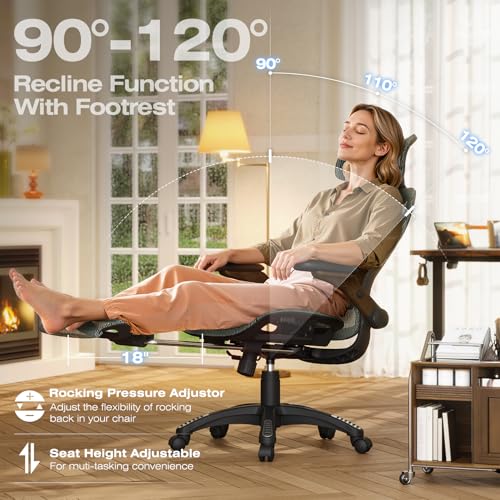X100 Ergonomic Mesh Office Chair with Footrest, Big and Tall Home Desk Chair with 5D Flip-Up Arms, Adjustable 3D Lumbar Support, Gaming & Executive Computer Chair (Forest Ranger) - color: Forest Ranger