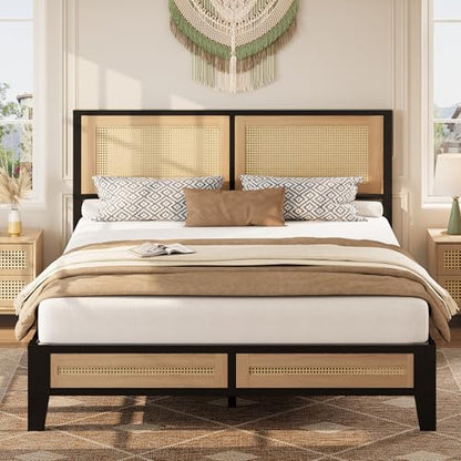 LIKIMIO Full Rattan Bed Frame with Headboard, Boho Metal Platform Bed | Rattan headboard, 650 lb support, metal slats, EVA pads, 9.8-inch underbed clearance, no box spring needed. - size: Full