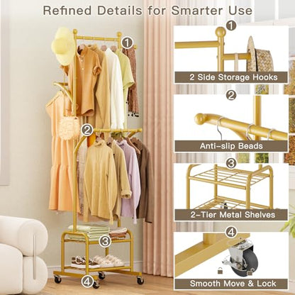 Rolling Clothes Rack with 2 Shelves, Small Gold Clothing Rack with Wheels | Gasvadivum 71" Tall Sturdy Metal Garment Rack with 3 Hanging Rods, Freestanding Portable Coat Rack for Bedroom, Entryway - color: Gold