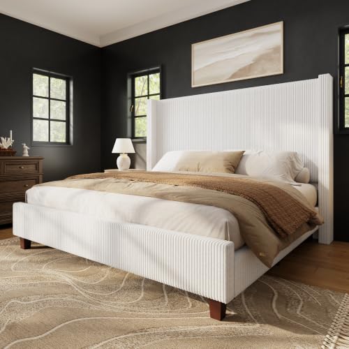 Queen Size Bed Frame with 50.8 Inch Corduroy Wingback Headboard, White | Modern Upholstered Platform Bed, Solid Wood Slats, No Box Spring Needed, Noise-Reducing Design - color: White, size: Queen