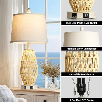 CINSARY 27“ Beige Rattan Table Lamps with Night Light, Boho Bedside Lamps Set of 2, Woven Wicker Bedroom Lamp for Nightstand with USB A+C Charging Port & AC Outlet, Tall Coastal Living Room Lamp - color: Beige