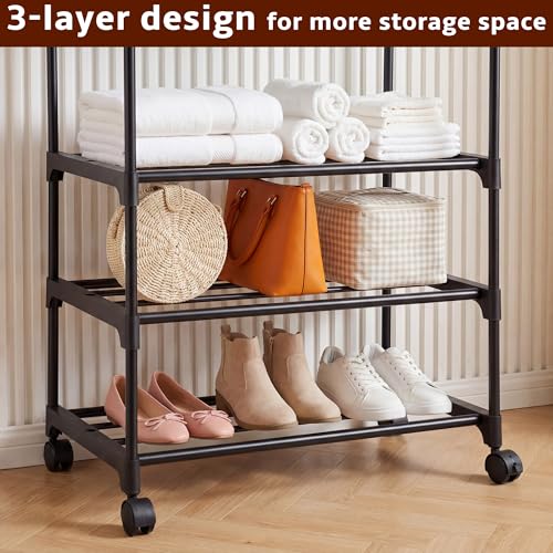 Double Rod Rolling Metal Clothes Rack | Freestanding Garment Organizer With Wheels, Hooks & Shelves, Multi-Functional Storage For Shoes, Clothes & Bags, Ideal For Bedroom Laundry Living Room