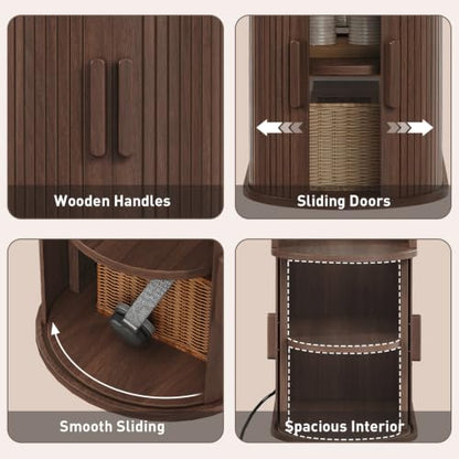 Narrow End Table with Charging Station, Fluted Sofa Side Table with Sliding Curved Door and Storage Shelf, Mid-Century Bedside Table, Modern Nightstand for Living Room, Bedroom, Walnut - color: Walnut
