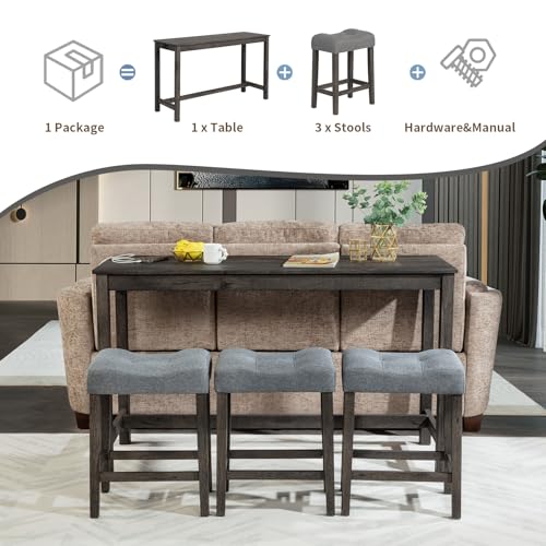 59" Counter Height Bar Table Set with Power Outlet, Industrial Breakfast Table with 3 Padded Stools, 4 Piece Bar Table and Chairs Set for Living Room, Dining Room, Dark Gray - color: R1-dark Gray