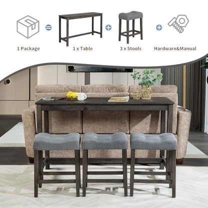 59" Counter Height Bar Table Set with Power Outlet, Industrial Breakfast Table with 3 Padded Stools, 4 Piece Bar Table and Chairs Set for Living Room, Dining Room, Dark Gray - color: R1-dark Gray