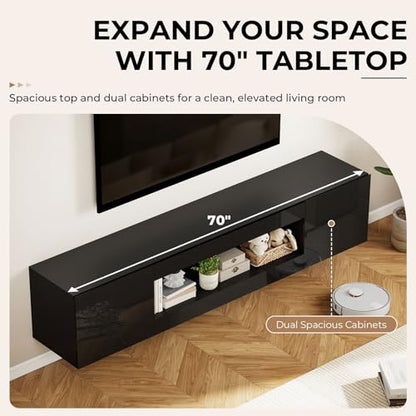 BREEZEHEAT 70'' Floating TV Stand, Wall Mounted TV Cabinet, High Glossy Entertainment Center-Modern Media Console Fits 65-80 Inches TV for Living Room/Bedroom, Remote Control, Black - color: Black