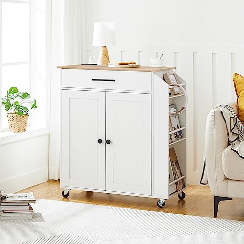 HOOBRO Kitchen Island with Power Outlet, Kitchen Storage Island with Spice Rack and Drawer, Rolling Kitchen on Wheels, for Home, Dining Room, Natural and White WN82UZD01G1 - color: Natural + White