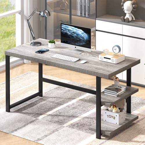 47 Inch Home Office Desk, Modern Computer Desk with Storage Shelves, Small Study Writing Gaming Table Workstation for Living Room Bedroom, Industrial Light Grey - color: Light Grey, size: 47 inch