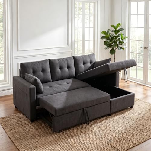 L Shape Queen 3-Seat Pull Out Sleeper Sofa Bed with Storage, Black | Convertible Sofa Bed, L Shape Sleeper Sofa wit, Reversible Storage Chaise, Tufted Fabric,Sectional Sleeper Sofa - color: C-charcoal Black-03c