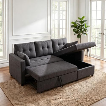 L Shape Queen 3-Seat Pull Out Sleeper Sofa Bed with Storage, Black | Convertible Sofa Bed, L Shape Sleeper Sofa wit, Reversible Storage Chaise, Tufted Fabric,Sectional Sleeper Sofa - color: C-charcoal Black-03c
