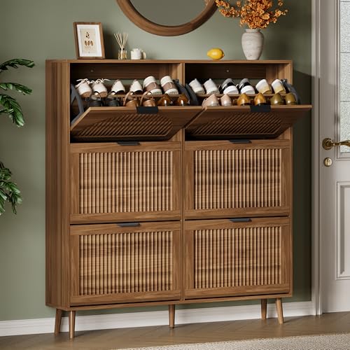 Xixini Shoe Storage Cabinet with 6 Flip Drawers, 50" Tall Narrow Wood Fluted Shoe Organizer for Entryway, Freestanding Wooden Hidden Slim Shoe Rack for Front Door Entrance, Hallway, Foyer, Dark Walnut - color: Dark Walnut, size: 6 Flip Drawers