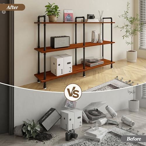 Industrial Bookshelf, Pipe Shelf Bookcase, 3 Tier, 60" Walnut | Solid pine shelves, 60 inch wide, black pipe frame, 70 lbs per shelf, open bookcase for books, plants, office - color: Walnut Brown, size: 60"L × 39"H