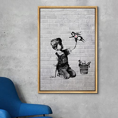wall26 Framed Canvas Print Wall Art Banksy British Artist Spray Paint Kid Superhero Nurse Toy Graffiti & Street Art Urban Illustrations Modern Art for Living Room, Bedroom, Office - 16"x24" Natural - color: A12-2204-eva26, size: 24"L x 16"W