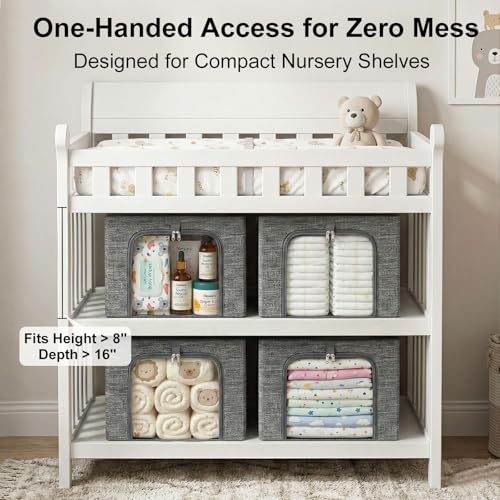 GoMaihe Baby Clothes Storage Bins with Metal Frame 27L 6-Pack Grey | Kids Toddler Child Clothing & Towels Small Items, Closet Top Shelf Boxes, Collapse-Proof Stackable, Clear Window Dual Access - color: Gray, size: 27L