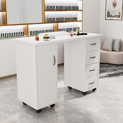 OmySalon Manicure Table Nail Desk w/Cabinet, Drawers, Wheels & Wrist Rest, Spa Salon Beauty Home Wooden Technician Workstation Nail Art Equipment for Nail Tech, White - color: White