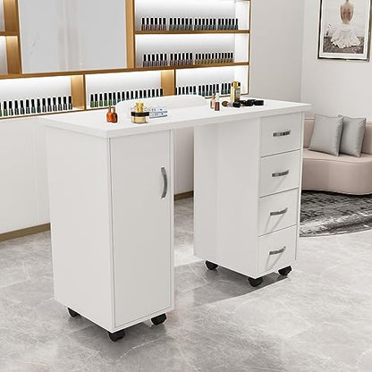 OmySalon Manicure Table Nail Desk w/Cabinet, Drawers, Wheels & Wrist Rest, Spa Salon Beauty Home Wooden Technician Workstation Nail Art Equipment for Nail Tech, White - color: White