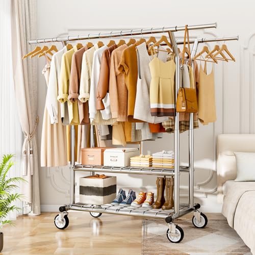 HYSEYY Heavy Duty Clothes Rack, Rolling Clothing Rack With Shelves Load 620 LBS, Double Rod Clothing Racks for Hanging Clothes, Portable& Adjustable Clothes Rack with Wheels Garment Rack - color: Sliver