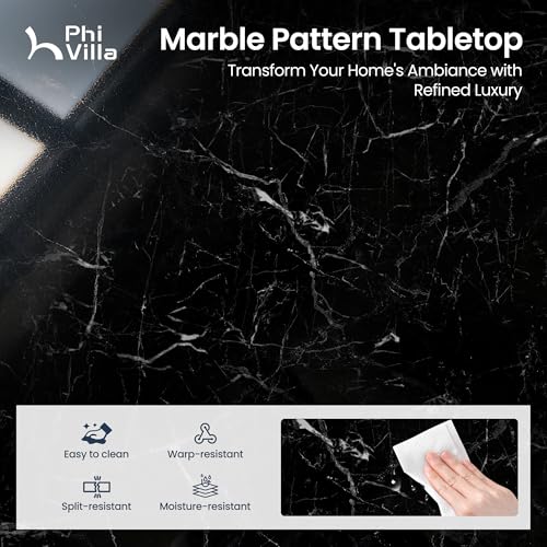 PHI VILLA Dining Table Set for 4, Marble Design Kitchen Table and Chairs | Marble Tabletop, Solid Rubber Wood, Padded Cushion Chairs, Space Saving, Easy Assembly, Black Marble& Gray - color: Venatino Black Marble&gray