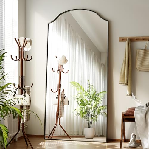 Wave Curved Top Arched Mirror Full Length, 71"x32" Large Mirror | Matte Aluminum Alloy Frame Full Body Mirror, Standing Hanging or Leaning for Bedroom and Living Room, Black - size: 71"L x 32"W