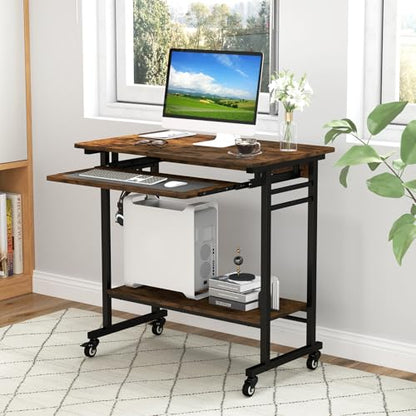 GOFLAME Mobile Computer Desk with Pull-Out Keyboard Tray, Compact Laptop Cart, Home Office Desk with Lockable Wheels, Writing Workstation, CPU Stand, Task Study PC Desk for Small Spaces, Study