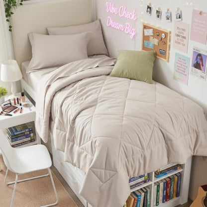5-Piece Twin Comforter Set, Beige | Reversible, All-Season, Soft, 5 Piece Set, All-Season Reversible Bed in a Bag, Flat Sheet, Fitted Sheet, Pillowcases - color: Beige, size: Twin