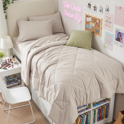 5-Piece Twin Comforter Set, Beige | Reversible, All-Season, Soft, 5 Piece Set, All-Season Reversible Bed in a Bag, Flat Sheet, Fitted Sheet, Pillowcases - color: Beige, size: Twin