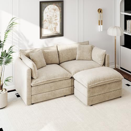 Aoowow Modular Sectional Sofa Modern Convertible Loveseat Couch,77.16 Inch Deep 2-Seater Sofas Comfy Chenille Cloud Sofas and Couches Set with Movable Ottoman for Living Room Apartment（Camel） - color: Camel, size: 2 Seat + Ottoman