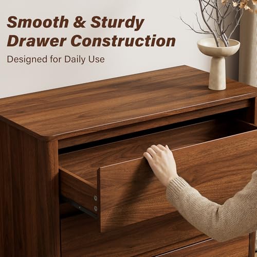 Furniway 31.5" Mid-Century Modern Dresser for Bedroom, 3 Drawer Small Chest of Drawers with Wood Legs, Large Storage Bedroom Dresser, Walnut - size: 3 Drawers