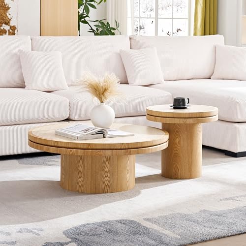 Round Nesting Coffee Table Set of 2 with Sintered Stone Tabletop & Sturdy Base, Modern Circle Center Tables Tea Table for Living Room, Easy Assembly - 35.43" & 19.49", Natural - color: Nesting Coffee Table With Sintered Tabletop,natural