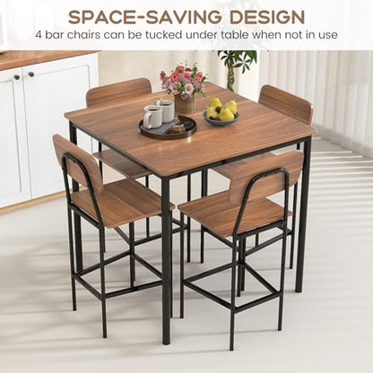 Giantex 5-Piece Dining Table Set W/Counter Height Table & 4 Bar Stools, Industrial Kitchen Dining Table Set W/Footrest & Backrest, Space-Saving Dinette Set for Pub, Dining Room, Restaurant (Teak) - color: Teak