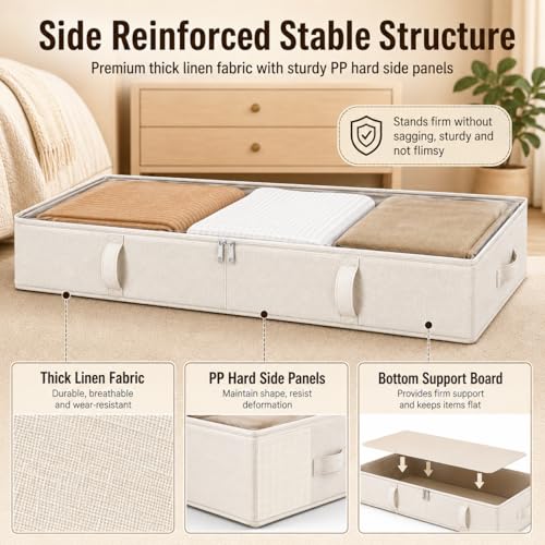 Side-Supported Under Bed Storage Containers, 6 Inches Tall 60L Underbed Storage Bins with Sturdy Handles and Sidewalls, Closet Organizer for Clothes, Blankets, Seasonal Items, Beige, 2-Pack | Underbed Storage Bin with Sturdy Handles and Sidewalls, Closet