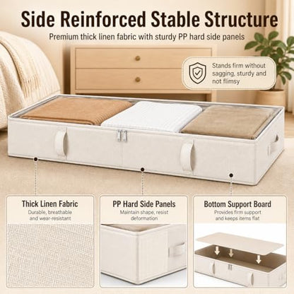 Side-Supported Under Bed Storage Containers, 6 Inches Tall 60L Underbed Storage Bins with Sturdy Handles and Sidewalls, Closet Organizer for Clothes, Blankets, Seasonal Items, Beige, 2-Pack | Underbed Storage Bin with Sturdy Handles and Sidewalls, Closet
