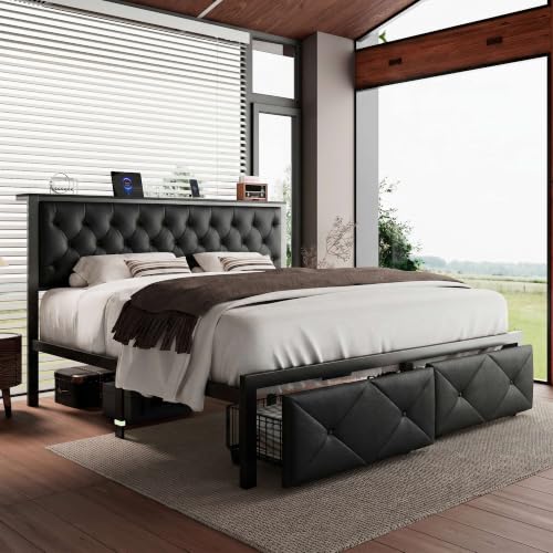 iPormis King Bed Frame with 2 Storage Drawers, Linen Upholstered Headboard Platform Bed with Charging Station, No Box Spring Needed, Metal Slats Support, Noise-Free, Easy Assembly, Black - color: Black, size: King