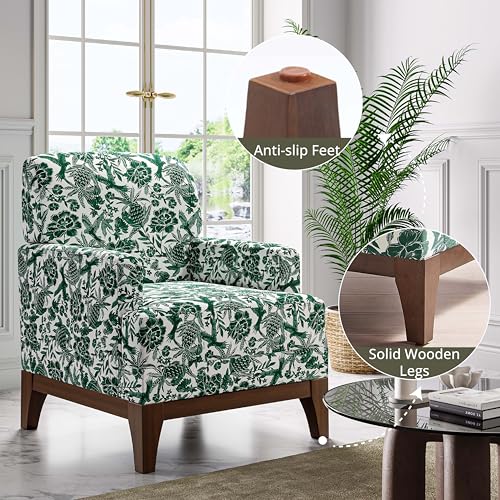 Floral Accent Chair, Upholstered Armchair with Solid Legs, Comfy Reading Single Sofa with Spring-Padded Cushion for Bedroom, Green - size: Wide Seat