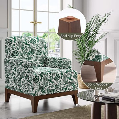 Floral Accent Chair, Upholstered Armchair with Solid Legs, Comfy Reading Single Sofa with Spring-Padded Cushion for Bedroom, Green - size: Wide Seat
