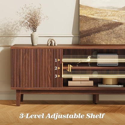 54 Inch Fluted TV Stand for TVs Up to 55, 60 Inch, Mid Century Modern Entertainment Center with Storage, TV Console with Adjustable Shelves, Midea Console for Living Room Bedroom, Brown - color: Walnut