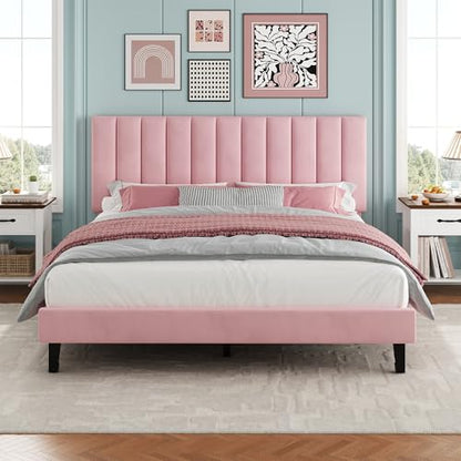 Garvee Queen Size Platform Bed Frame with Upholstered Headboard, Pink | Fully Velvet Upholstered Mattress Foundation with Height Adjustable Headboard, No Box Spring Needed, Easy Assembly - color: Pink, size: Queen