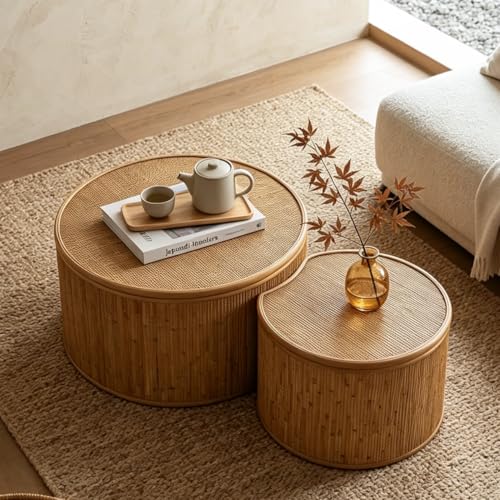 43.89'' Round Rattan Nesting Coffee Table with Flip-Top Storage Set of 2, Modern Vintage Retro Wood Circle Crescent Side End Table for Living Room, No Assembly, Natural - color: 43.89in-natural