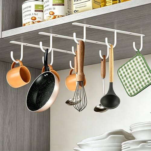 3pcs Mug Hooks,Under Cabinet Mug Holder, Coffee Cups Hook,Mug Hanger Organizer Rack with 9 Hooks for Displaying Mugs, Cups and Kitchen Utensils (White) - color: White